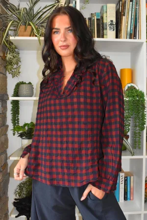 Bibi Gingham Frill Neck Shirt Burgundy